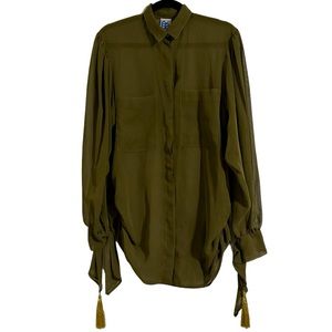 Vintage Bleu Blanc Rouge Button-Up | Sheer Green Long Sleeve | Gold Tassels Sz 4